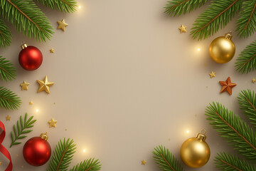 Christmas Frame with Red and Gold Ornaments on Beige Background