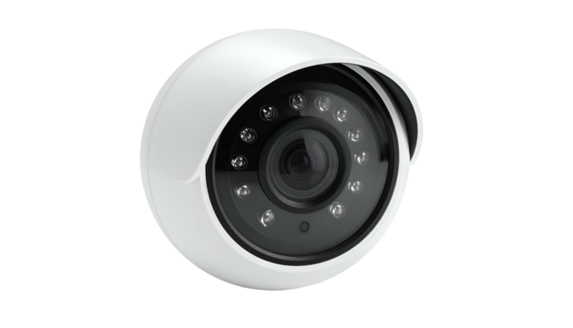 Security camera with LED lights, white dome against black backdrop - Powered by Adobe