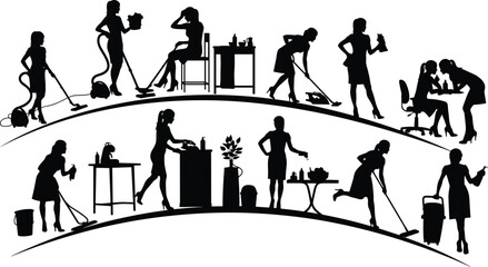 Silhouette women doing household chores, cleaning tools, domestic work routine, teamwork, vacuuming, mopping, wiping, home maintenance, black and white