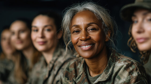 Hopeful smiling diverse veteran woman in military support group for PTSD. portrait of senior soldier finding camaraderie and healing