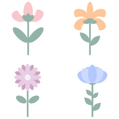 Four Colorful Flowers Illustrated. The image showcases four flowers with different colors and shapes, set against a simple backdrop