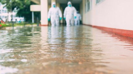 Workers in protective suits wade through flooded area outside a building