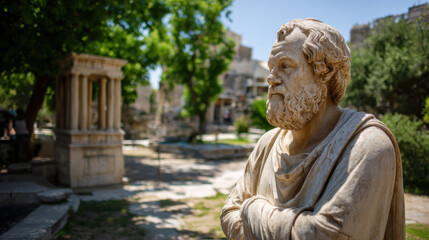 Fototapeta premium Thoughtful ancient marble statue of old man with beard. Greek philosopher sculpture stands in park with historic ruin background