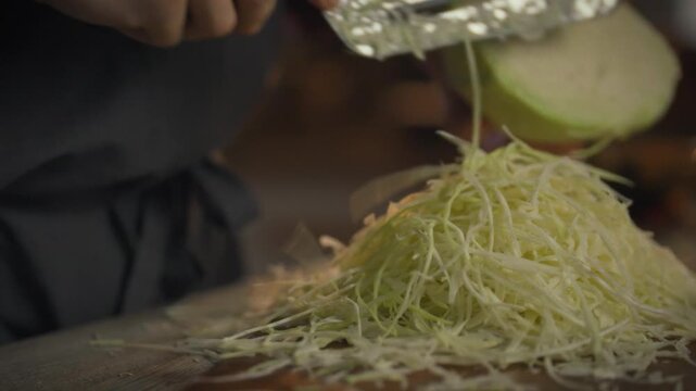 A person shreds cabbage with a special knife, preparing it for fermentation. This process takes place in a kitchen setting, highlighting the importance of fresh ingredients for traditional recipes