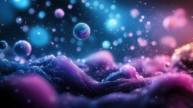 An abstract digital art image featuring a vibrant space scene with planets, nebulae, and a dreamy atmosphere. The image is filled with glowing orbs and a sense - Powered by Adobe