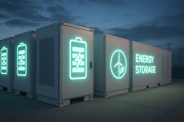 Energy storage facility with large futuristic battery icons glowing on containers at dusk, showcasing renewable wind energy and sustainable power solutions
