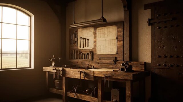 Workshop interior with tools on workbench near window and large door