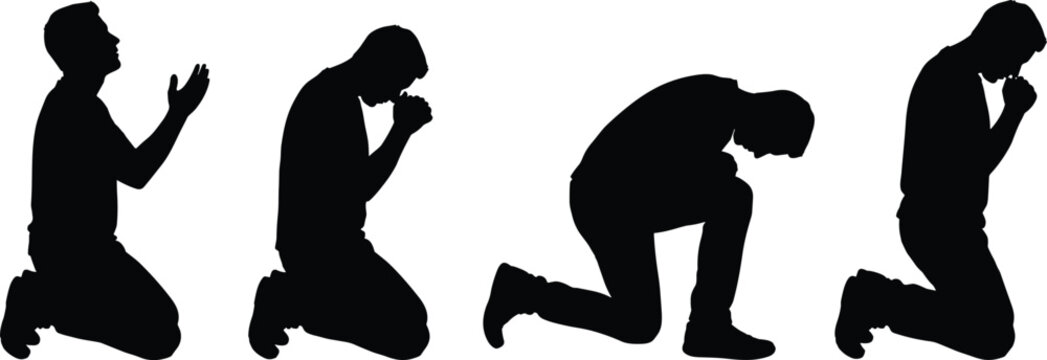 Silhouette of kneeling person in prayer poses, spiritual meditation, religious reflection, humble worship, emotional introspection vector illustration