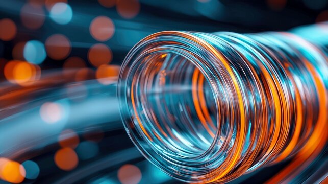 Close-up of a spiral-shaped object with blue and orange light trails and bokeh effect, creating a futuristic and abstract visual.