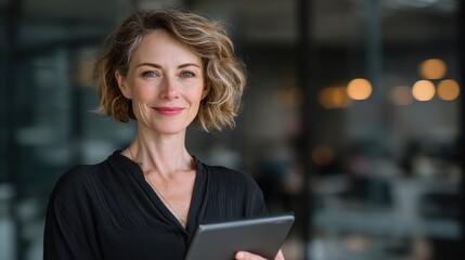 Smiling mature business woman executive, happy middle aged businesswoman entrepreneur, 40 years old company hr holding digital tablet looking at camera standing in office at work. Portrait.