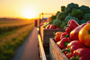 Fresh colorful bell peppers and vegetables loaded on truck at sunset during harvest transportation. Agricultural produce delivery from farm with scenic rural landscape background.
