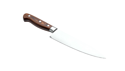 Steel chef's knife, riveted wooden handle, angled on black