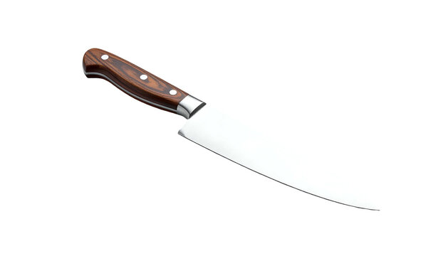 Steel chef's knife, riveted wooden handle, angled on black