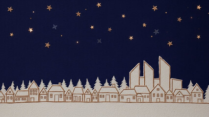 Enchanting cityscape under a starlit sky, evokes a sense of wonder, perfect for holiday cards, seasonal promotions, and magical winter themes