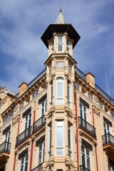 Fototapeta premium Valencia city, Spain. Unusual old apartment building, vintage residential architecture.