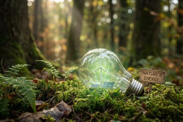 Sustainable Green Energy Concept with Lightbulb and Wind Turbine in Forest