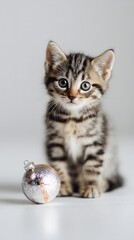 Obraz premium Cute striped kitten sitting next to a shiny silver ornament on a simple background during a cozy indoor setting
