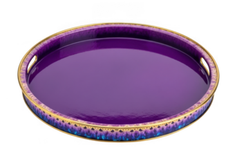 Purple decorative serving tray with gold trim isolated on transparent background for home decor and events