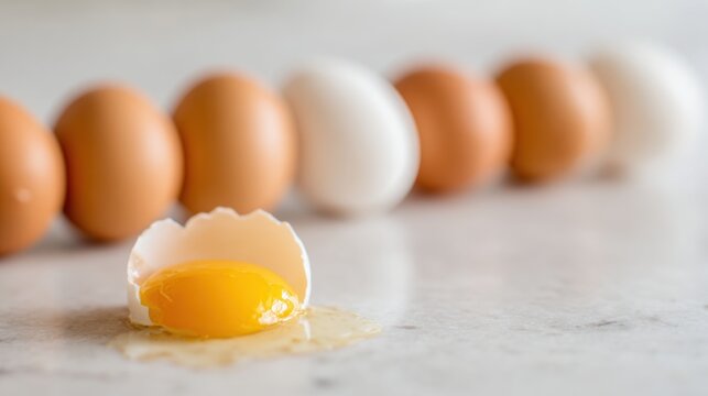 Fresh eggs lined up with broken shell and yolk on a marble countertop