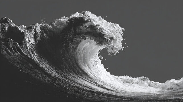 A monochrome image of a powerful ocean wave. Capturing the raw, untamed force of nature, this image displays the cresting wave