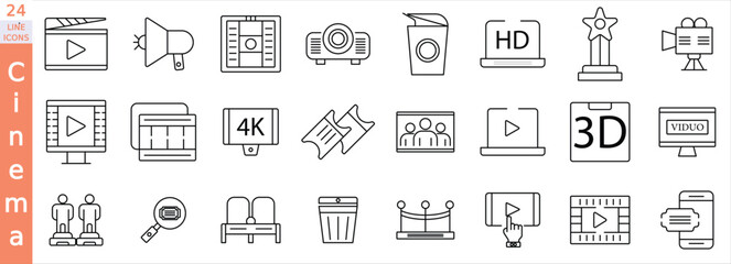  Cinema web icons in line style. Film, popcorn, video, movie