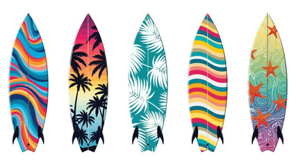 Vibrant collection of five distinct surfboards showcasing colorful patterns and tropical designs