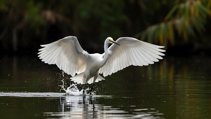 Great egret taking flight from water with wings spread wide