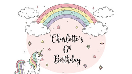 Whimsical unicorn and pastel rainbow illustration for a magical sixth birthday celebration, perfect for a little girl's special day