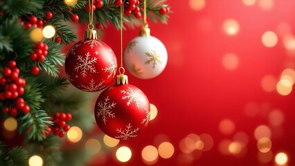 Red snowflake ornaments on decorated Christmas tree with glowing red bokeh holiday background