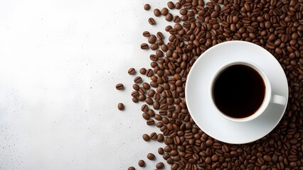 Naklejka premium Overhead view of coffee cup surrounded by roasted coffee beans on white surface