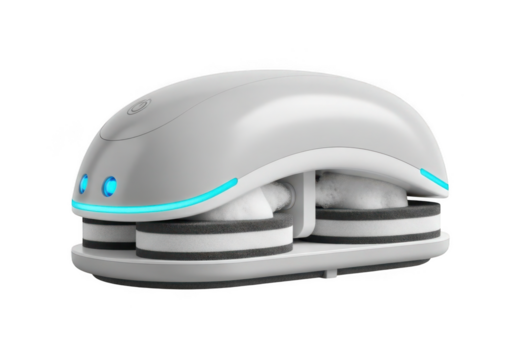 White robotic window cleaner with blue lights isolated on transparent background for smart home automation