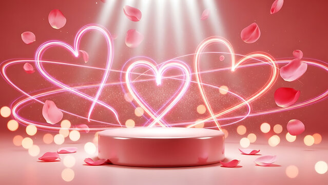 Valentine's Podium Display with Pink Hearts and Rose Petals A Romantic Scene