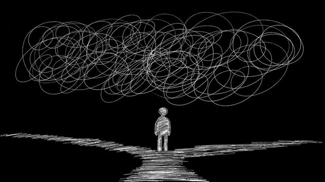 Person standing beneath cloud of tangled thoughts - mental health concept. Looped animation with alpha channel. The hand-drawn sketch style, overthinking and cognitive stress. Black and white