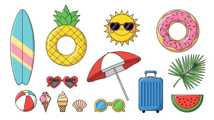Collection of summer vacation icons, including a surfboard, pineapple ring float, sunglasses, beach ball, ice cream, and more, perfect for travel and leisure designs