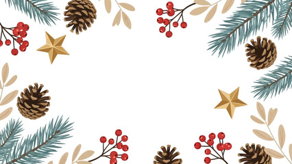Naklejka premium Festive Holiday Border Design with Pine Cones, Berries, and Stars - Perfect for Christmas Decorations