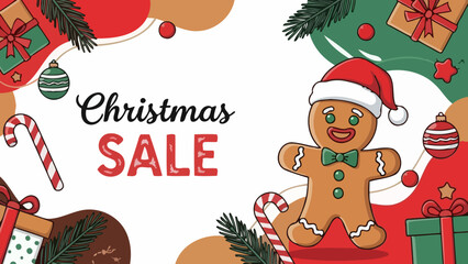 Christmas Sale Banner with Gingerbread Man and Festive Elements © Nanda