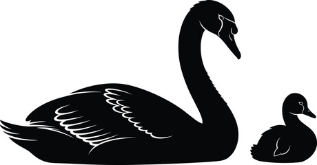 Black silhouette vector of swan and duckling resting side by side in minimalist style for nature, wildlife, and animal themes.