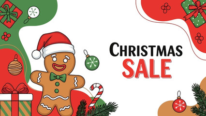 Gingerbread Man Christmas Sale Banner with Festive Decorations and Presents