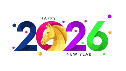Colorful Happy New Year 2026 design featuring a golden low-poly horse head, the symbol of the Chinese zodiac