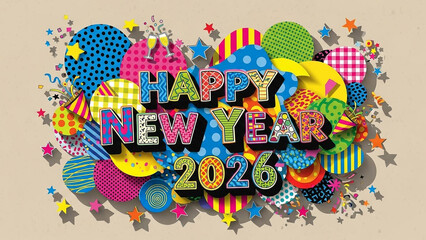 Abstract Festive Background: Oversized ‘Happy New Year 2026’ Typography with Punchy Shadows and Expressive Graphics