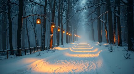 A snowy path illuminated by lanterns in a winter wonderland forest scene