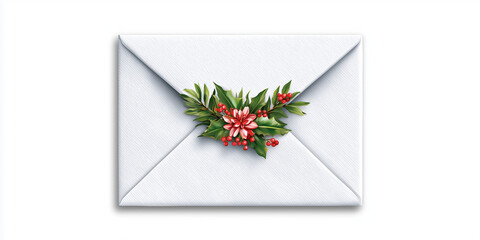 Christmas envelope adorned with holly leaves and mist, gray and white color scheme, flat design style,