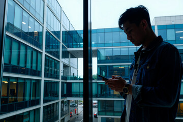 Young adult Asian man standing by large window using smartphone, modern office building exterior visible through glass, subject focused on device, casual posture, urban setting
