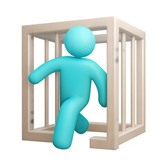 3D Illustration of a Character Escaping a Cage, Concept of Freedom and Liberation