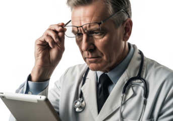 Doctor wearing glasses and stethoscope looking at tablet isolated on transparent background