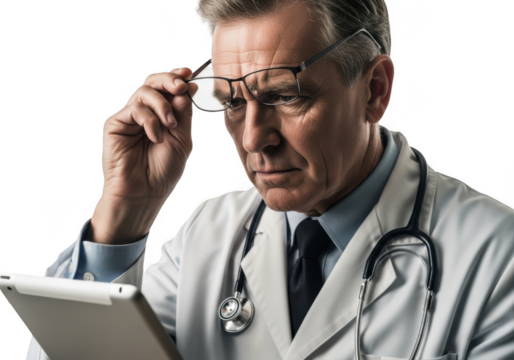 Doctor wearing glasses and stethoscope looking at tablet isolated on transparent background