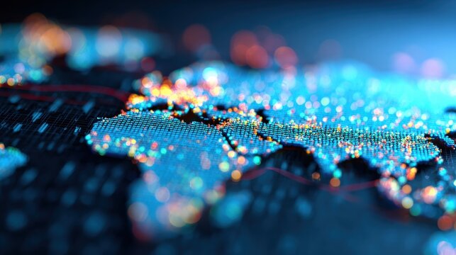 Visual representation of a digital world map with glowing connections