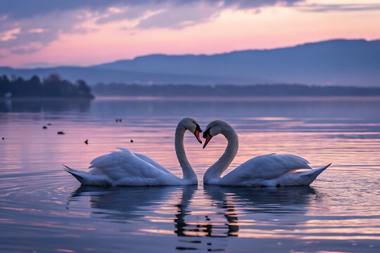 Two white swans reflect the beauty of nature while swimming calmly on the blue lake at sunset - Powered by Adobe