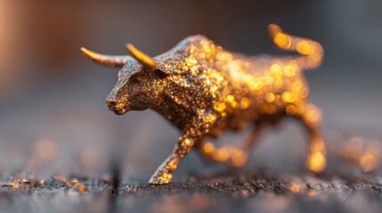 Obraz premium Golden bull figurine walking on wooden surface during twilight