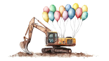 Excavator with Colorful Balloons Celebrating Construction Joy